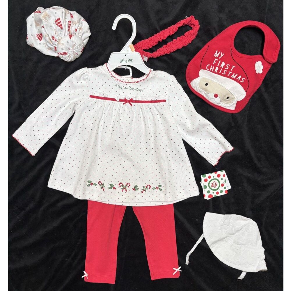 6-Piece Christmas Baby Outfit Bundle Tunic Legging Hat Bib Lot Little Me 12M NWT